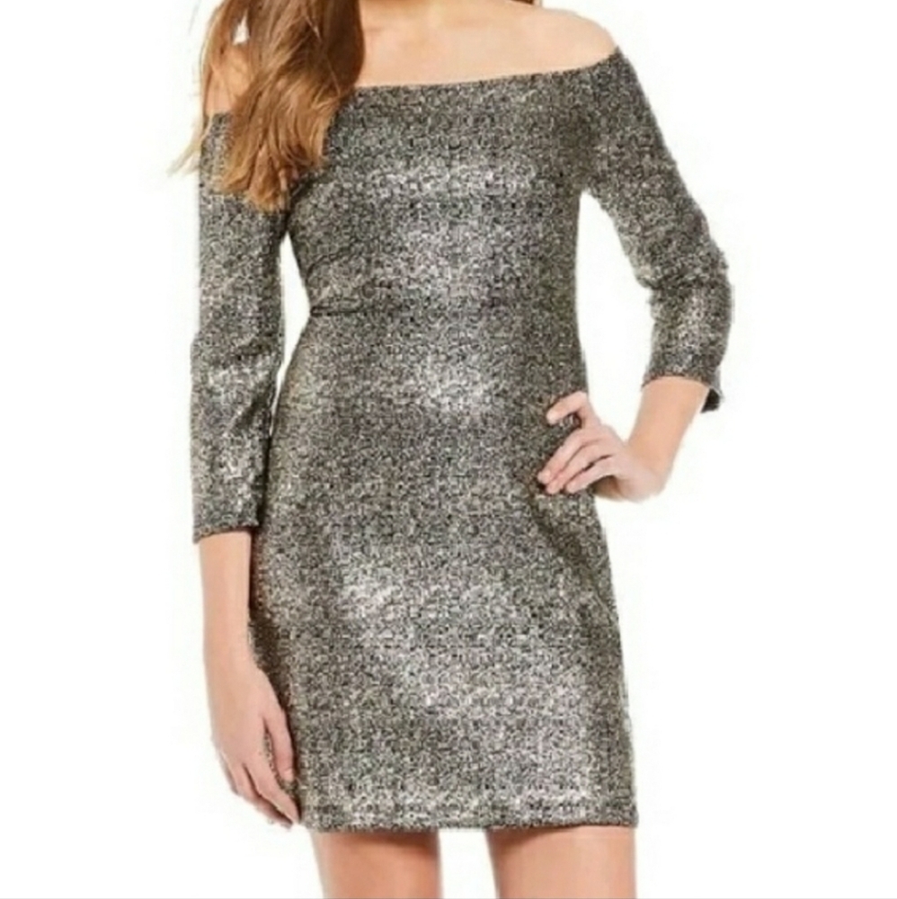 NWT GB Gianni Bini Black & Gold Metallic Off The Shoulder Dress